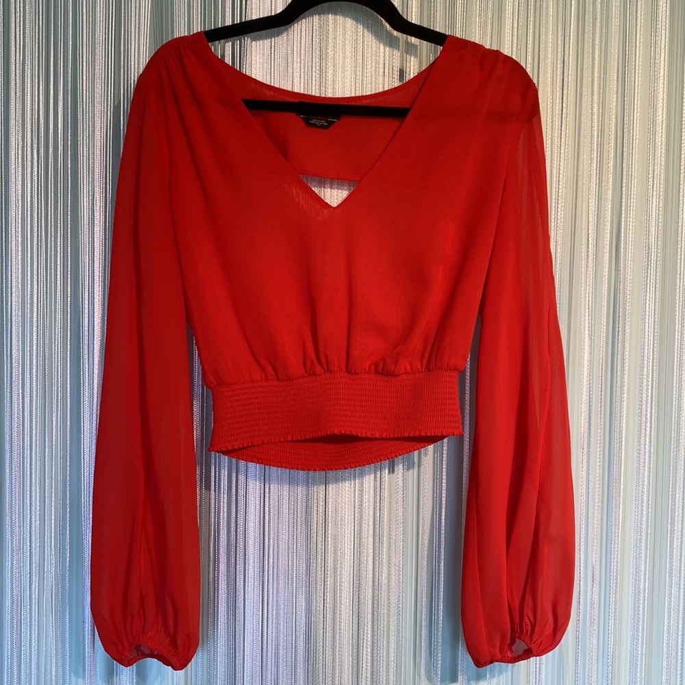 Bebe Coral Semi Sheer V Neck Open Slit Sleeve Blouse NWOT Size S